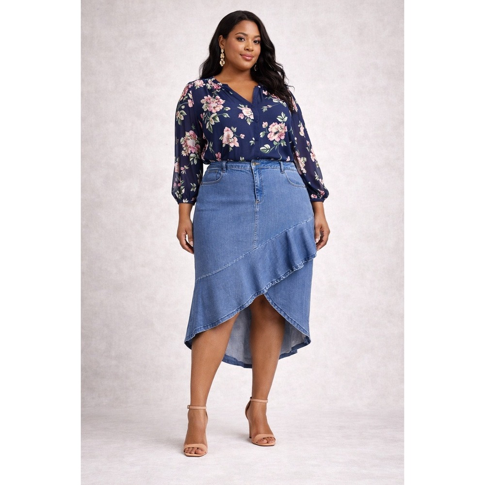 One 5 One Denim Jean Skirt Womens Ruffle Hem Blue Y2K Retro Boho Asymmetrical 3X - Picture 2 of 15